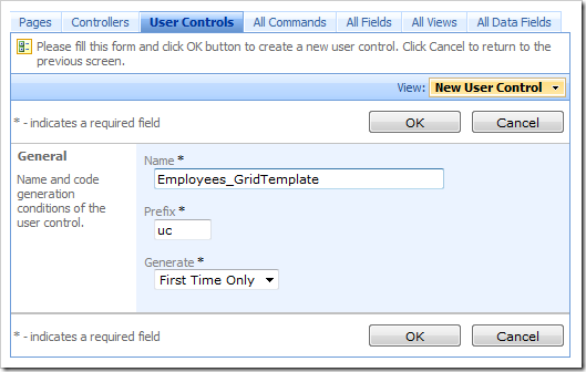 New User Control 'Employees_GridTemplate' in Code On Time Designer
