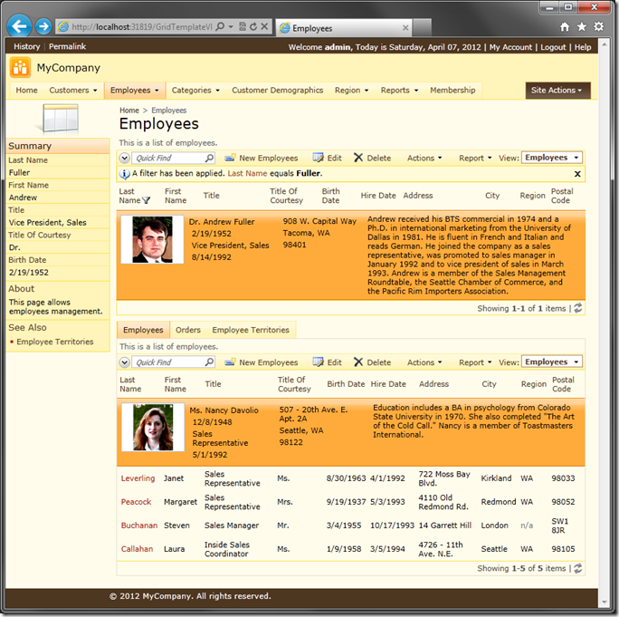 Employees grid view using custom template in Code On Time web application