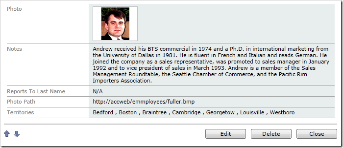 The field will display a comma-separated list of territories linked to the employee when presented in 'read' mode.