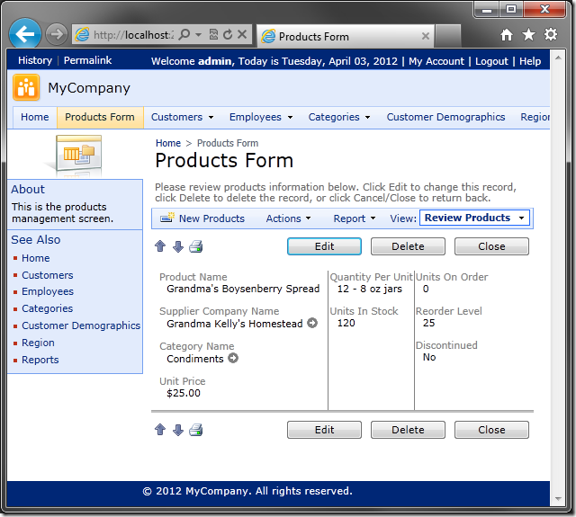 Fields displayed in three columns using custom layout in Code On Time web application