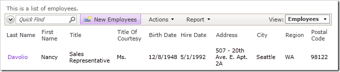 'New Employees' action on the action bar in Code On Time web application