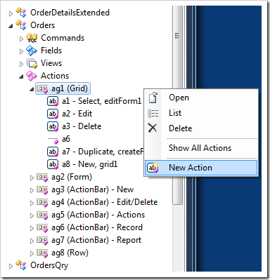 Creating a new action in 'Grid' scope in a Code On Time web application