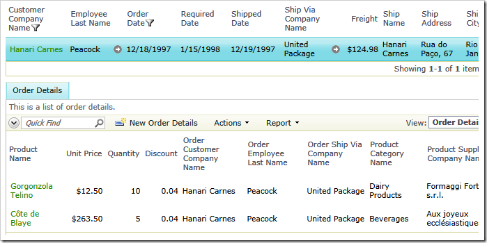 Data view 'Order Details' after execution of SQL action 'Standard Discount' defined in 'Orders' data controller.  The standard discount of 4% has been assigned to all line items that have the discount less than 10% by selecting 'Standard Discount' option four times.