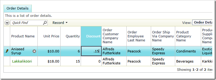 Data Sheet view in a Code On Time web application