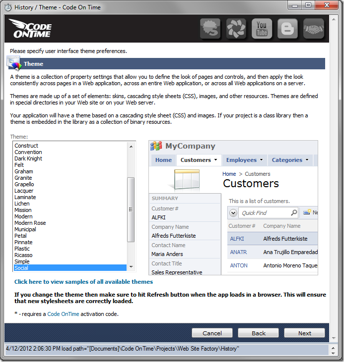 'Social' Theme selected in Code On Time Project Wizard