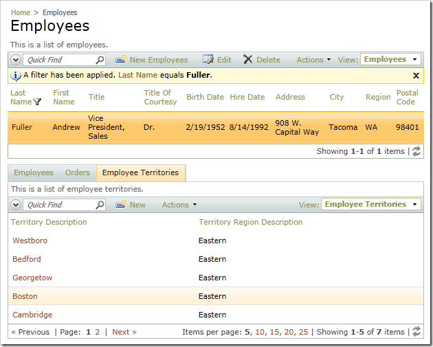 Employee Territories data view showing the Territories for the selected Employee record