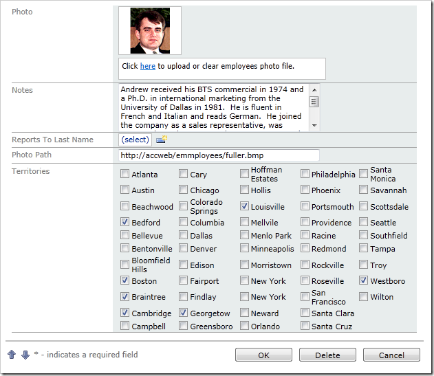 Check box list of all Territories in edit mode of Employees form