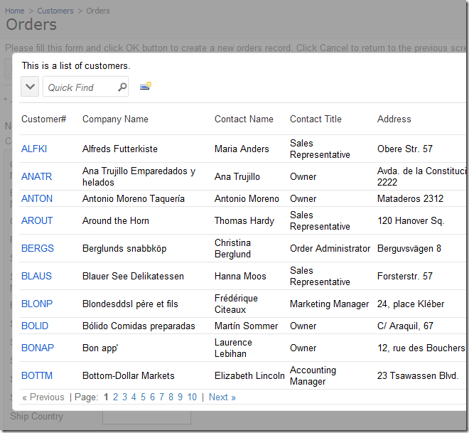 Default Customer ID lookup window in Code On Time web application