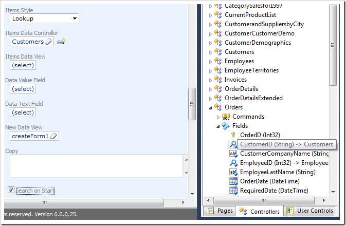 'Search On Start' property enabled for CustomerID field in Code On Time Designer