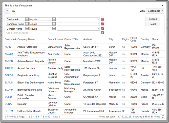 List of records pulled in Customer ID lookup window