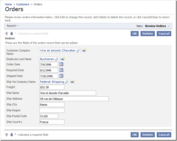 Default Orders edit form with 'Employee Last Name' field