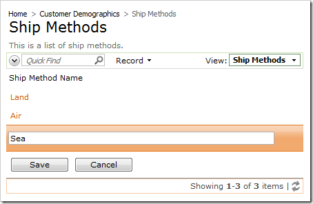 Three records created in Ship Methods table