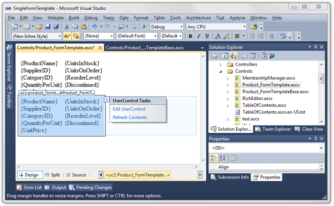 User Control base template displayed in two instances of view-specific templates