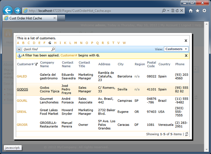 Selecting a customer in lookup window with the 'Search by First Letter' feature enabled