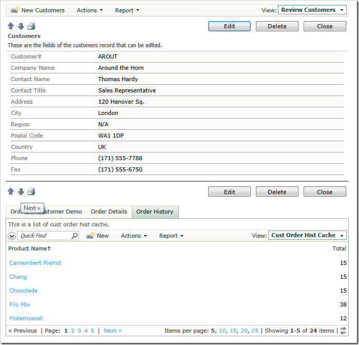 Selection of a master data row in a form view causes execution of the output caching script. The stored procedure 'CustOrderHist' is invoked if more that 30 seconds have passed since the last selection of the master data row.