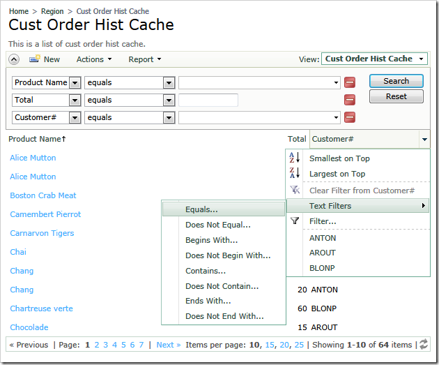 The context menu of the column in a grid view of a web application created with Code On Time 