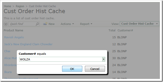 Modal dialog allows entering a user-defined filter value in a web application created with Code On Time generator