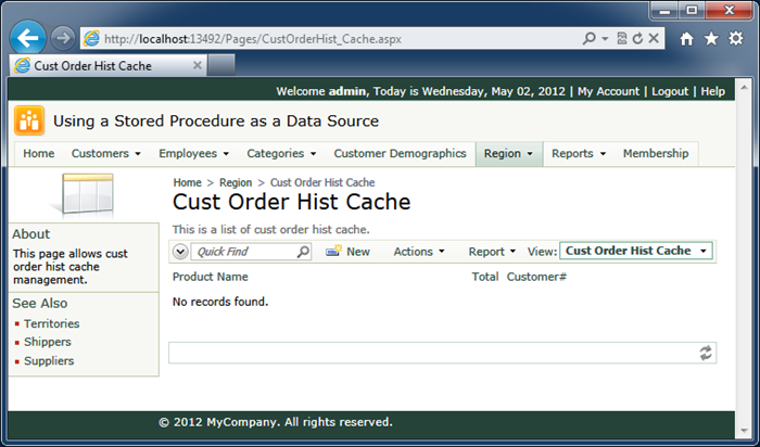 The view of the dedicated page of the output cache table 'CustOrderHist_Cache' in the Northwind project