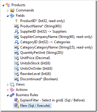 The selected business rule is executed when a new data row is created by the data controller before it is rendered in the user interface in the web browser