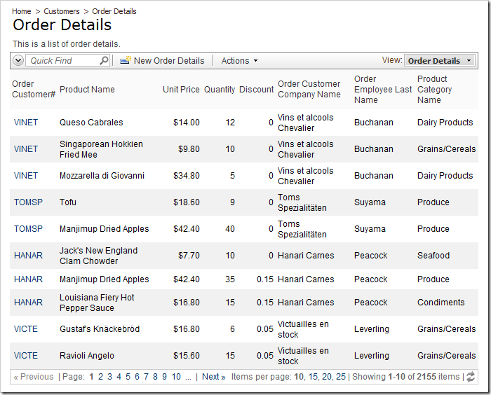 Order Details page without any conditional CSS styling.