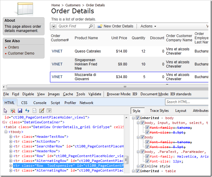 Inspecting a row in the Order Details grid view, you can see that the proper CSS classes have been assigned.