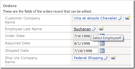 'EmployeeID' field rendered as lookup in Code On Time web application