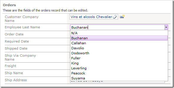 Employee Last Name data field as auto complete showing full list of available options