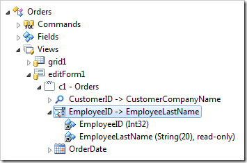 EmployeeID data field in editForm1 view of Orders controller configured with Auto Complete items style
