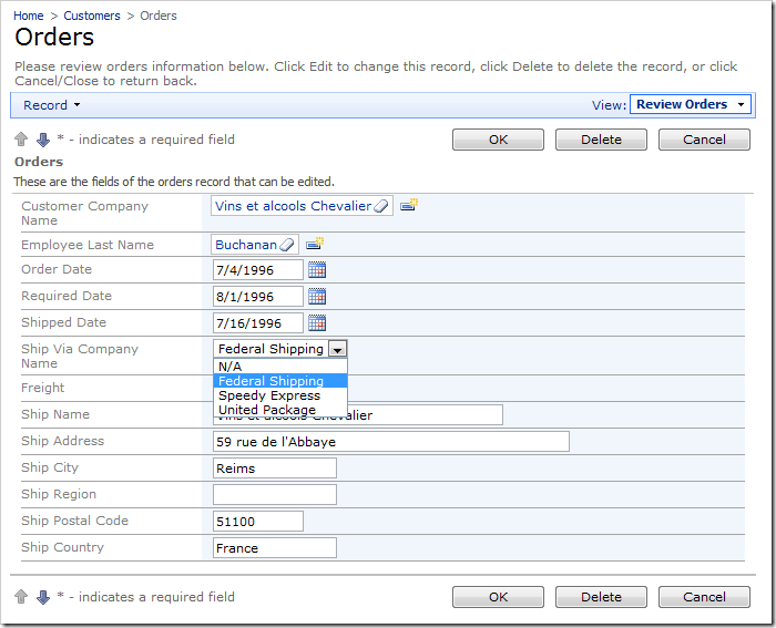 Ship Via Company Name field with Drop Down List items style.