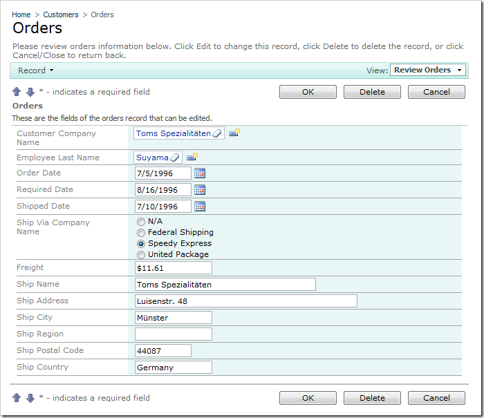 Ship Via Company Name field rendered as a Radio Button List on the Orders edit form.