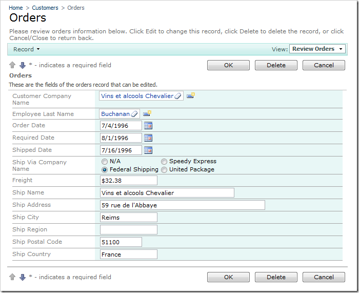 Ship Via Company Name field rendered as a Radio Button List in two columns.