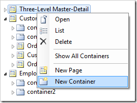 'New Container' option for 'Three-Level Master-Detail' page in Project Explorer. 