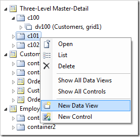 'New Data View' option for 'c101' container in the Project Explorer.