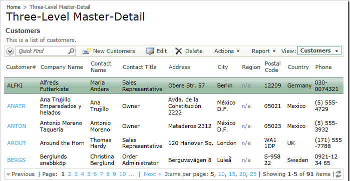 All three data views visible in the master-detail relationship on the Customers page.