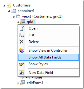 Show all data fields for grid1 view of Customers controller.