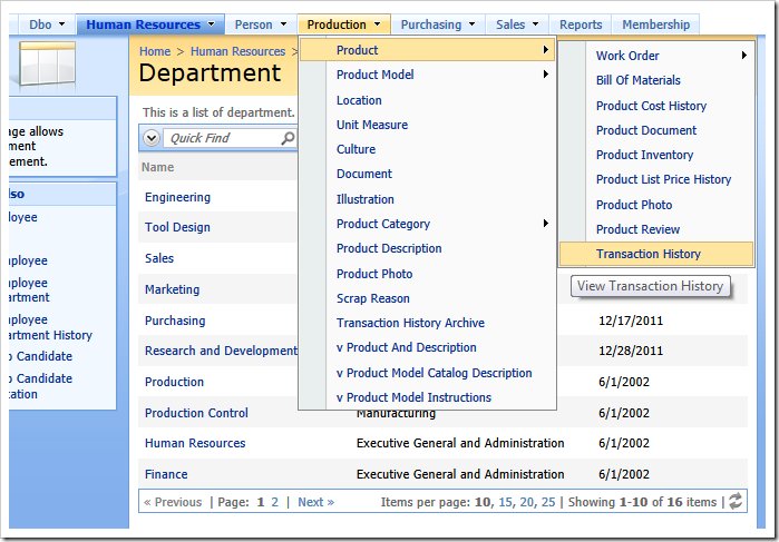 The automatically composed menu structure of 'Adventure Works' app created with Code On Time web application generator