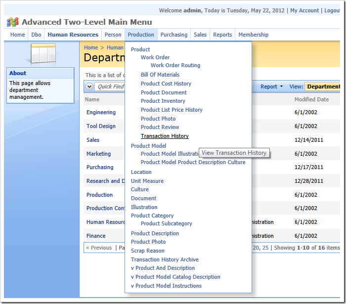 Advanced two-level menu in 'Adventure Works' sample created with Code On Time web application generator