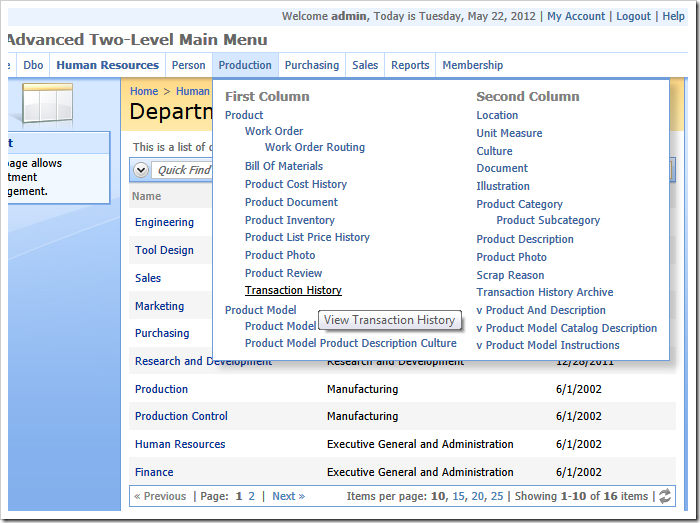 Customized advanced two-level menu with two columns of options in 'Adventure Works' sample created with Code On Time web application generator