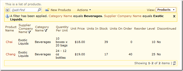 Filters applied on 'Category Name' and 'Supplier Company Name' fields in a list of products.