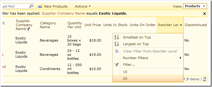 Reorder Level filtering options have been reduced due to adaptive filtering.