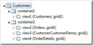 Customers page layout of data views in two containers.