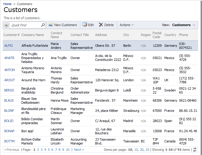 Northwind web application with three-level master/detail layout arranged using tabs.