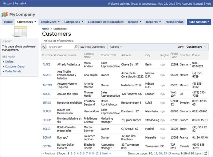 Customers page with only Customers grid visible