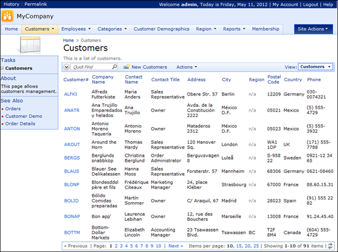 Customers page in Code On Time web app with Tasks box on the side bar.