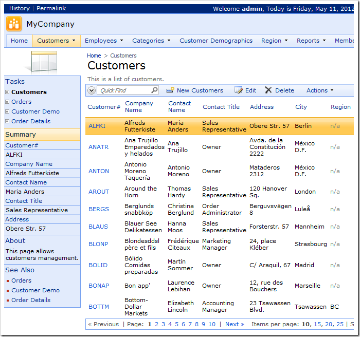 On Customers page with Inline layout, when a master record is displayed, the child data views become available to select in the Tasks box.