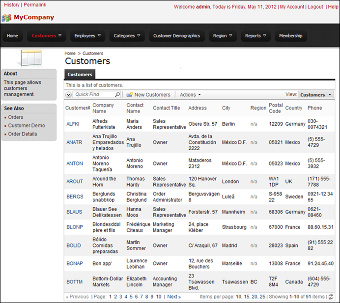 Customers page in Code On Time web application using tabbed layout. The child data view tabs are hidden.