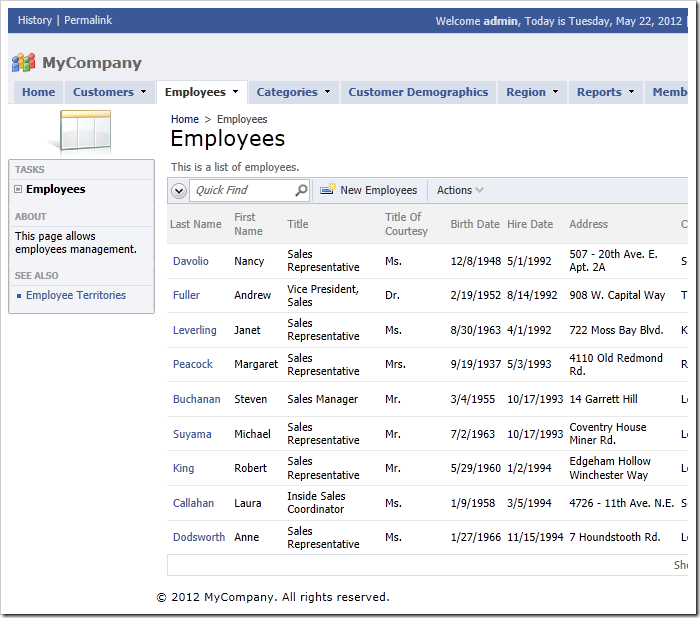Employees page of a Code On Time web application using Social theme. Employees page of a Code On Time web application using Social theme.