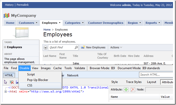 Disable CSS using the Developer Tools in Internet Explorer 9. Disable CSS using the Developer Tools in Internet Explorer 9.