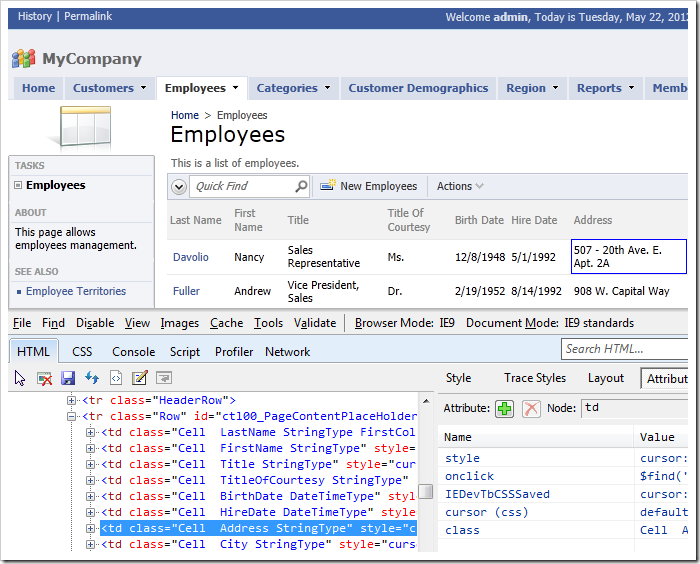 Select the first cell underneath the Address column on the Employees page of the Code On Time web application. Select the first cell underneath the Address column on the Employees page of the Code On Time web application.