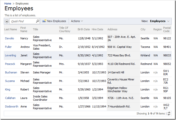 The Address column of the Employees grid view is now stylized with a gray background. The Address column of the Employees grid view is now stylized with a gray background.